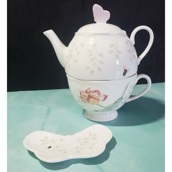 Lenox Butterfly Meadow Individual Teapot Lid Cup Tea Bag Holder EUC Garden Lady - Picture 3 of 4
